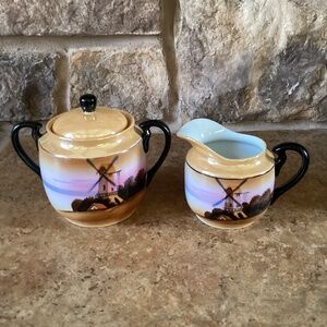 Vintage Chikaramachi Creamer Sugar Set Windmill Lusterware Japan